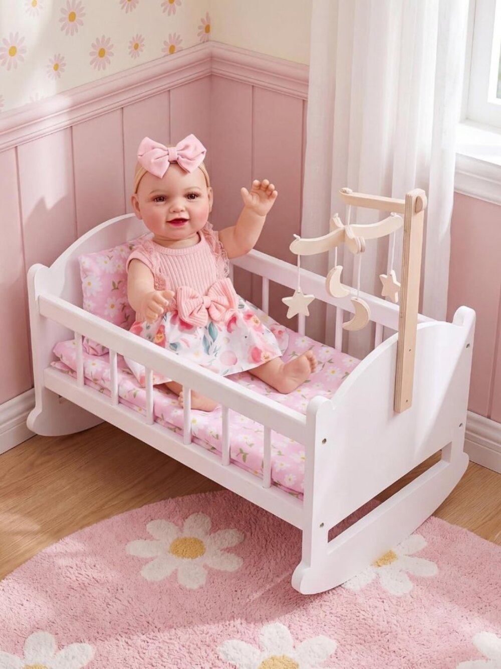 Wooden Rocking Doll Bed for 16" Dolls - Adorable Baby Doll Crib, Perfect Gift!